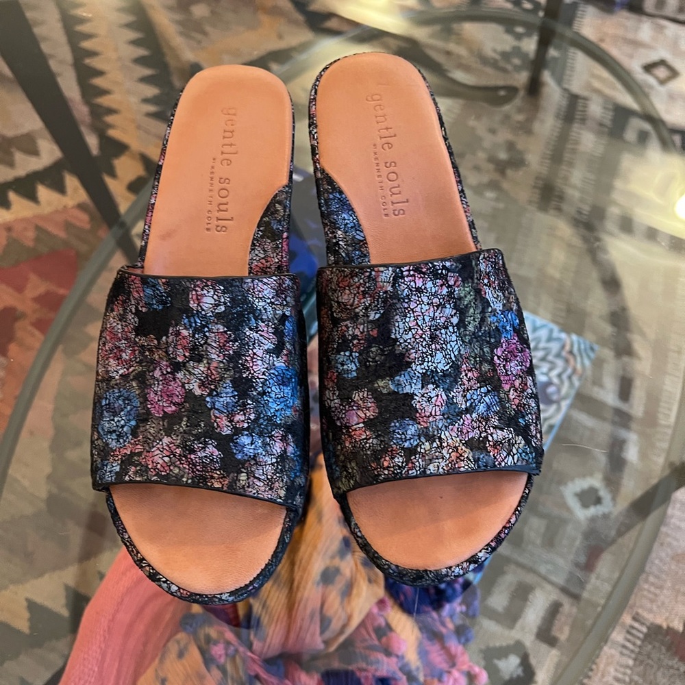 Gentle Souls Black and Blue Mules with Floral Design